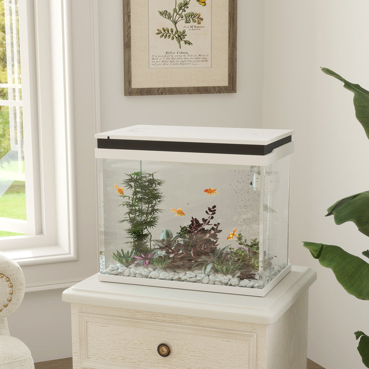 41-liters glasakvarium med filtersystem, LED-lys, vandpumpe, til forskellige fiskearter, hvid