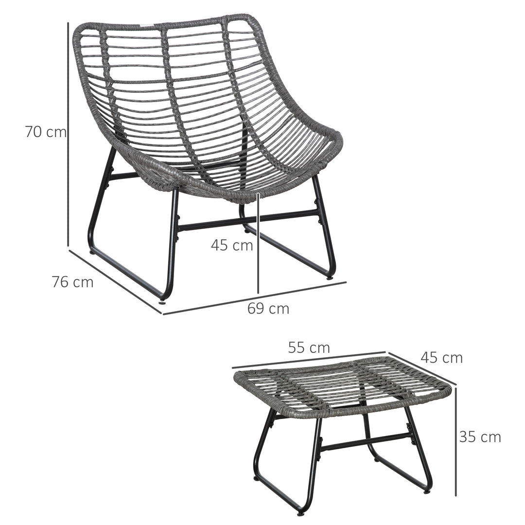 Rattan afslapningsstol med fodskammel, havestol med tykke hynder, udendørs rattanstol, havestol til have, balkon, terrasse, grå