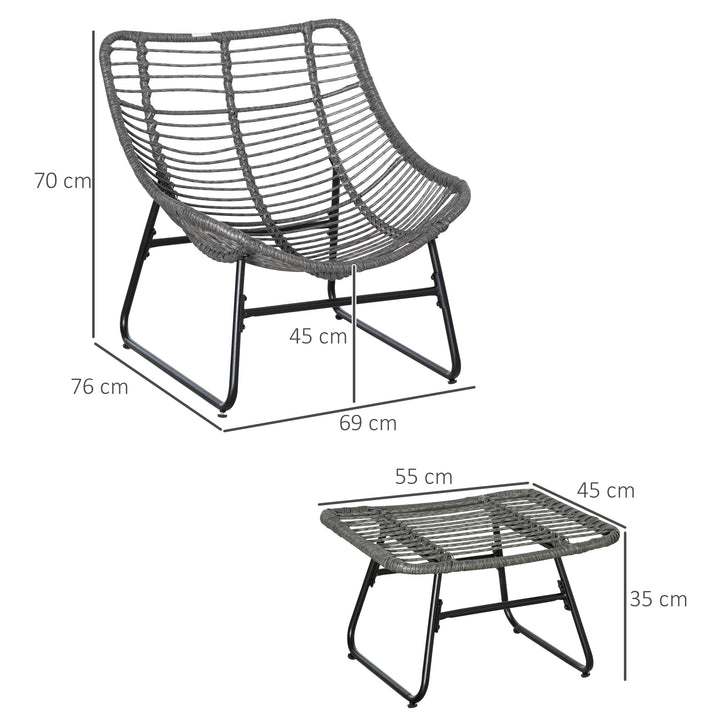 Rattan afslapningsstol med fodskammel, havestol med tykke hynder, udendørs rattanstol, havestol til have, balkon, terrasse, grå