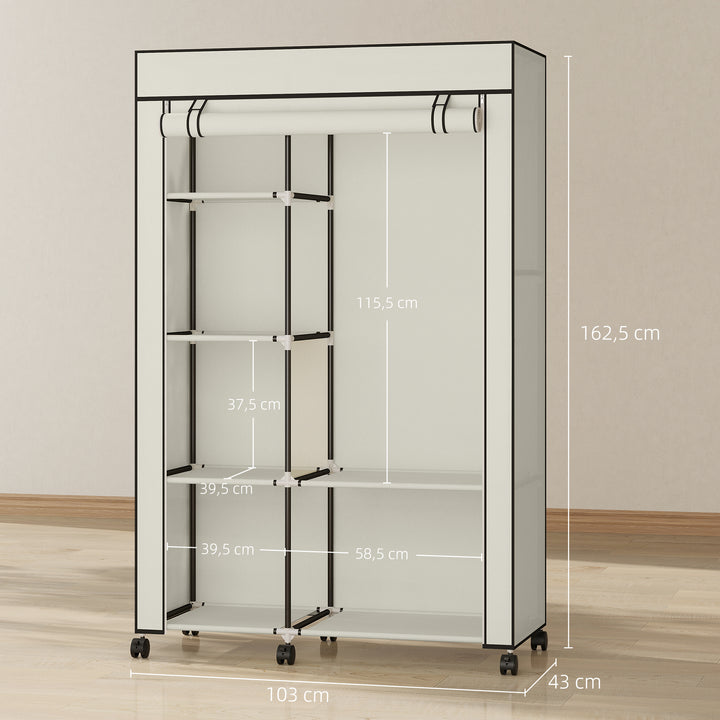 Stofgarderobe, opbevaringsløsning, 6 hylder, 1 garderobestang, cremefarvet