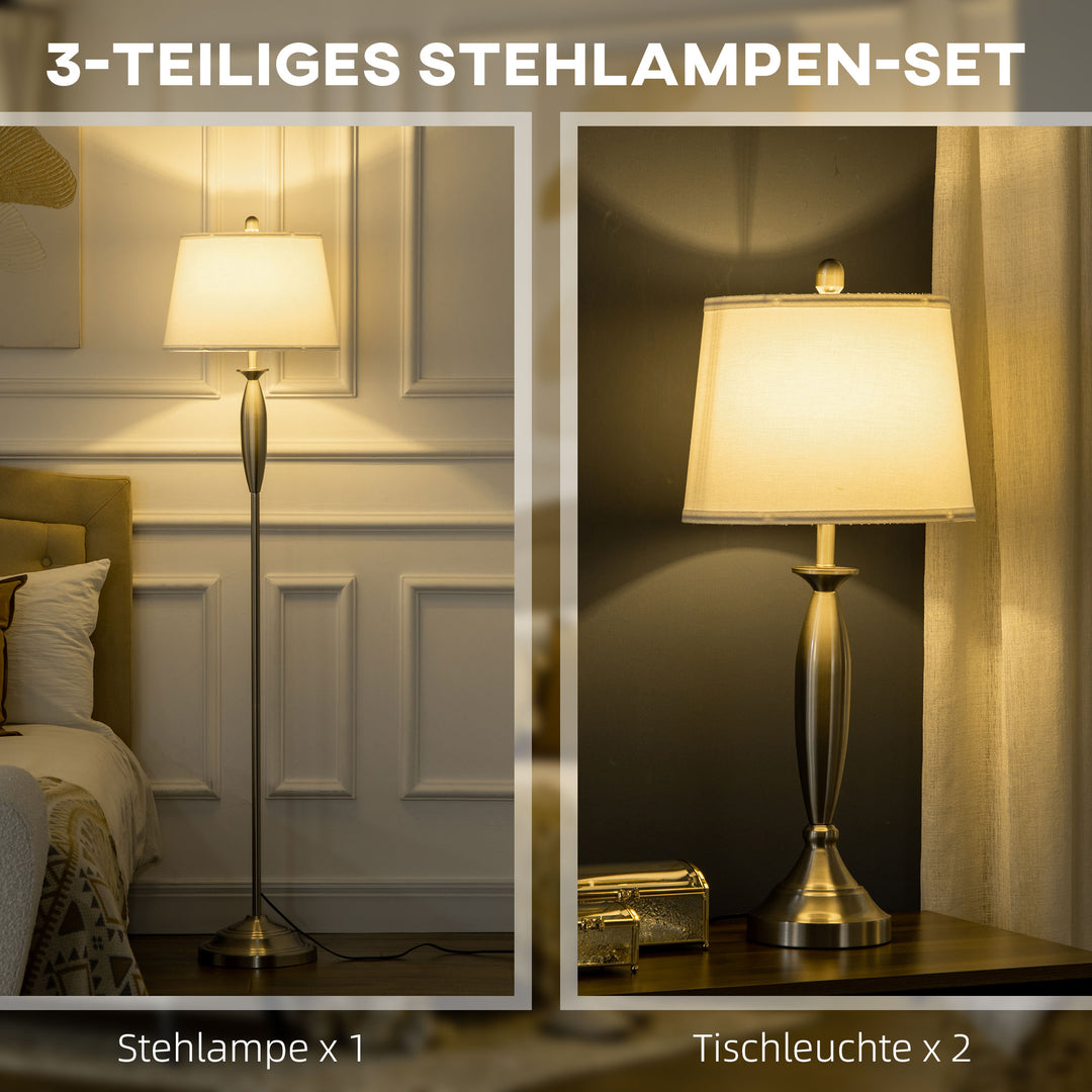 3-Delt belysningssæt. 1 gulvlampe, 2 bordlamper, linnedlook; 38 cm x 38 cm x 158 cm, sølv + hvid