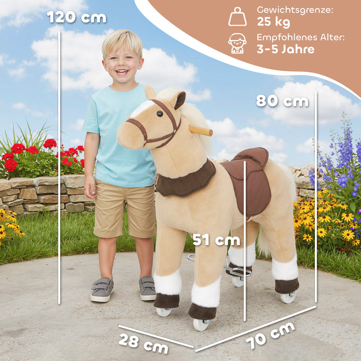 Ridehest med sadel og hjul til børn 3-5 år, 80 cm, brun