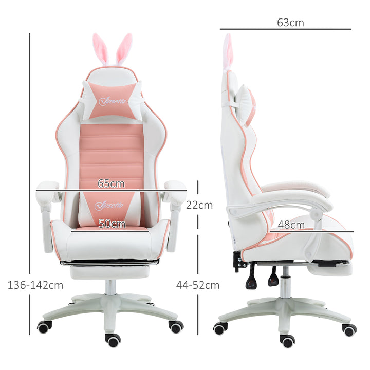 Gaming chair ergonomisk gamerstol med lændestøtte, fodstøtte, pude med kaninører, pink