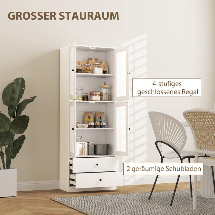 Køkkenskab med skuffer og vitrinelåger, melaminoverflade, hvid