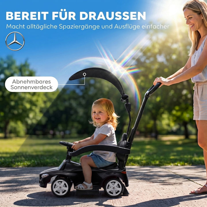 3-i-1 kørebil med skubbebøjle Mercedes-Benz sort
