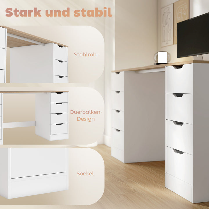 140 cm computerbord, 8 skuffer, skrivebord til hjemmekontor, soveværelse, stål, træ, hvid