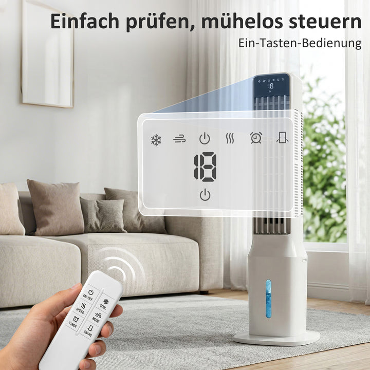 Bærbar luftkøler, 3-i-1 fordampningsluftkøler med 9-liters vandtank, 48° oscillation, 3 hastigheder, 3 tilstande, hvid
