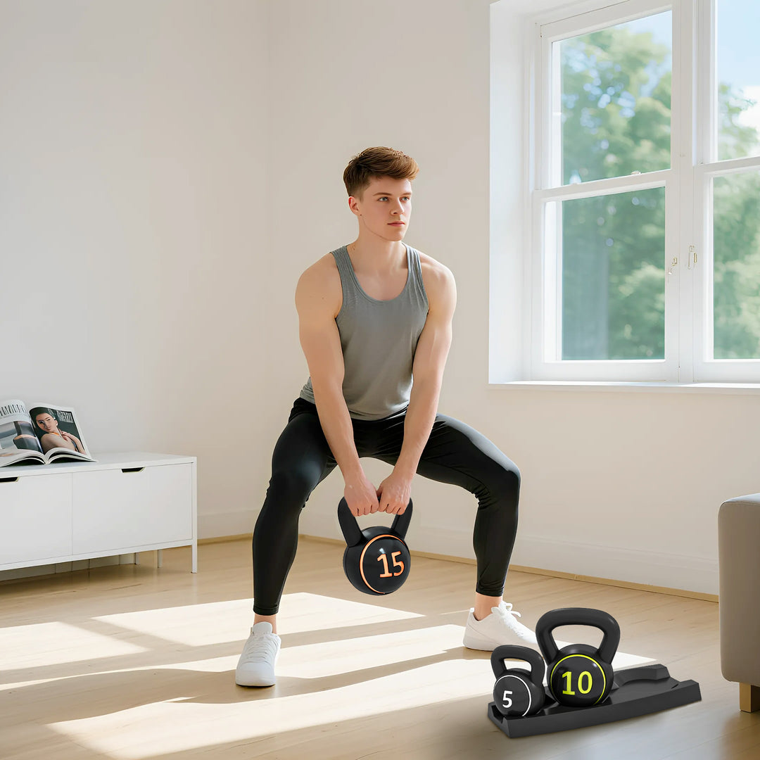 Kettlebell-sæt, 3 kettlebells 2,2 kg/4,5 kg/6,8 kg, plastikhus, sort