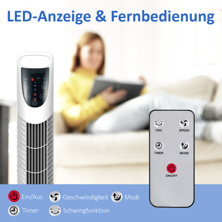 Tårnventilator, 3 tilstande, stille drift, timer, fjernbetjening, 18x78,5 cm, hvid