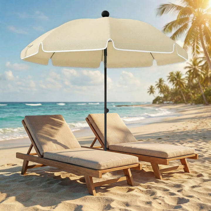 Strandparasol Ø150 cm, vandafvisende, foldbar, med sandanker, justerbar hældning, bæretaske, beige