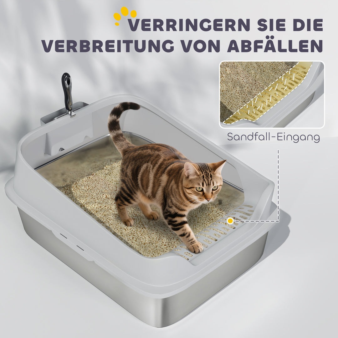 Åben kattebakke i rustfrit stål med ske, høje sider, til store katte op til 12 kg, 69,8 x 50,3 x 29,8 cm, grå
