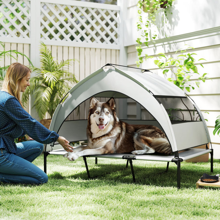 Udendørs hundeseng med tag, hævet hundeseng til ekstra store hunde, med stålramme, 122x92x94cm, lysegrå