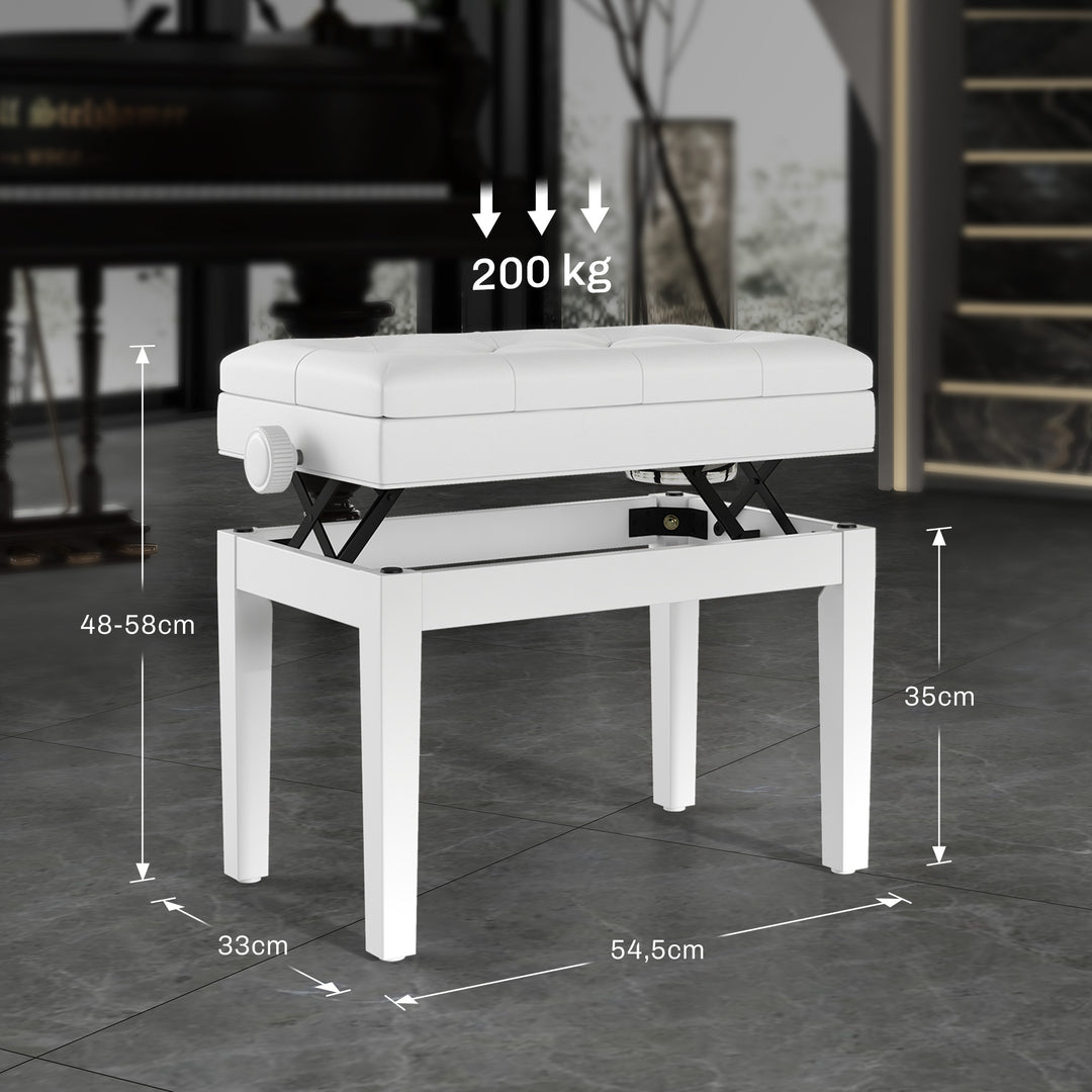 Højdejusterbar klaverbænk med opbevaringsplads, 54,5x33x48-58cm, hvid