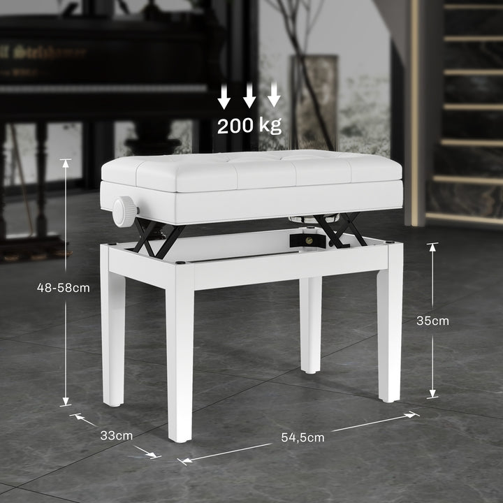 Højdejusterbar klaverbænk med opbevaringsplads, 54,5x33x48-58cm, hvid