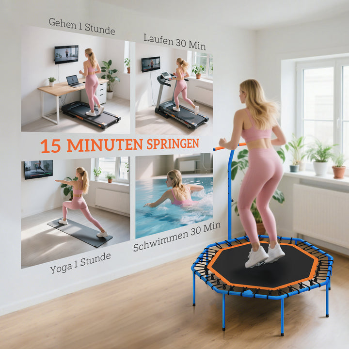 Fitnesstrampolin, træningstrampolin med justerbart håndtag, stabil og støjsvag, til indendørs brug, stål, blå