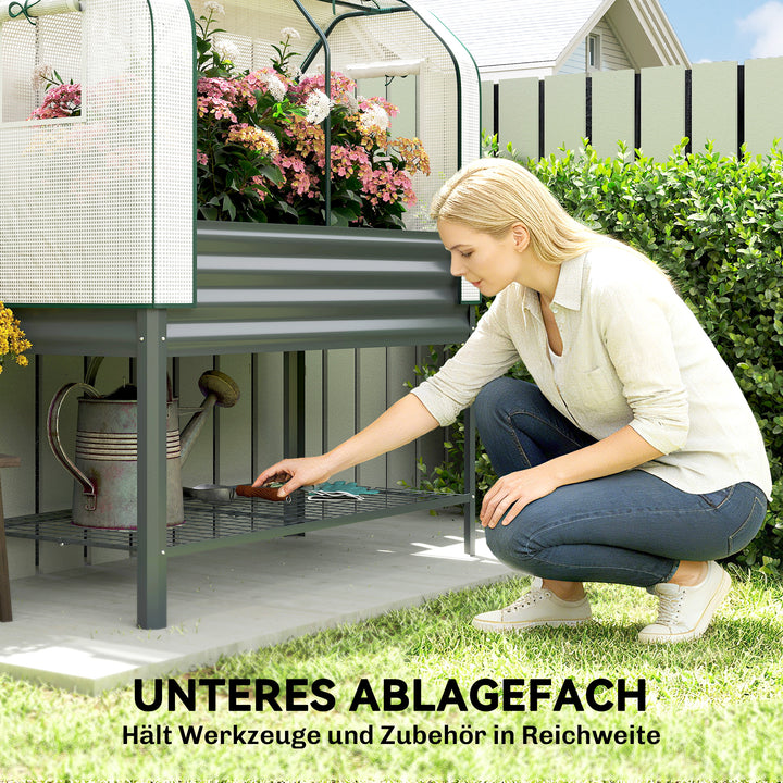 Højbed med metalramme, plantekasse med opbevaringsrum til drivhus, 120 x 55 x 140 cm