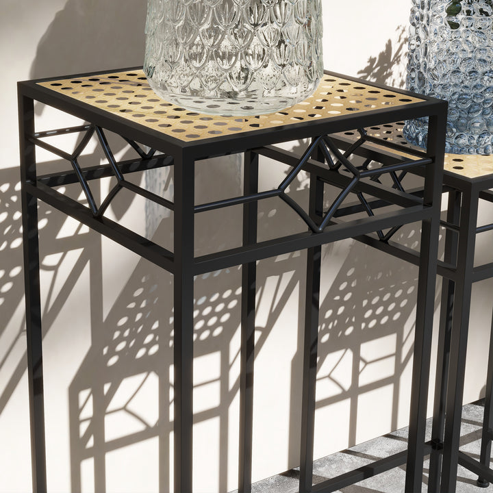 Blomsterstander, sæt med 3, rund, stabelbar, rattan-look, metalben, indendørs og udendørs brug, sort/guld