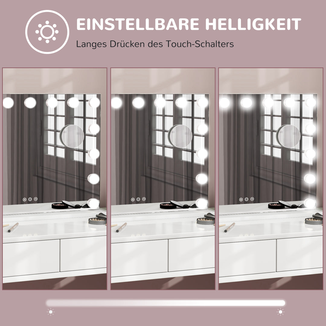 Led-kosmetikspejl, 3 lysindstillinger, dæmpbar, touch-betjening, usb, 58x48cm, hvid