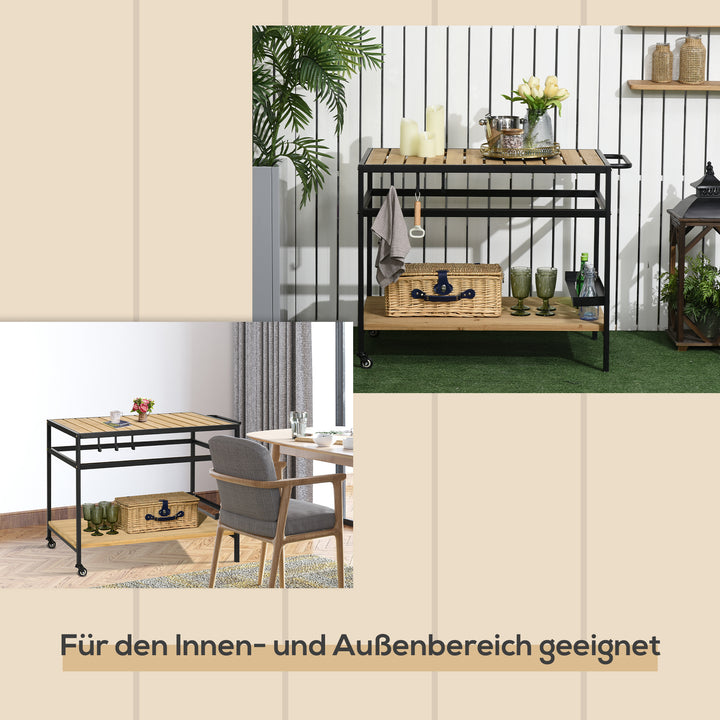 Serveringsvogn i industriel stil, vejrbestandig, 3 kroge, 1 hylde, 107 cm x 65 cm x 80 cm, sort + natur