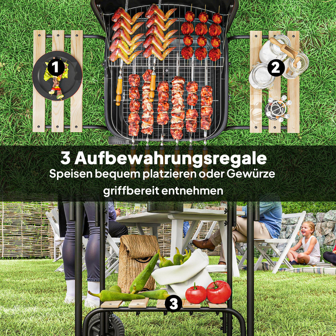 Kulgrill af stål, grillvogn med aflåseligt låg, grillrist, hjul, håndtag, træhylde, 98 x 54 x 91 cm, sort