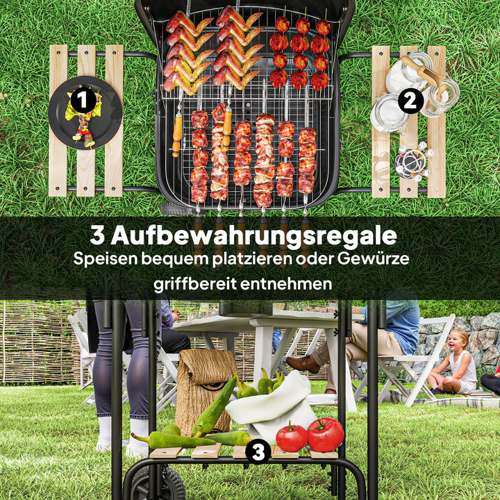 Kulgrill af stål, grillvogn med aflåseligt låg, grillrist, hjul, håndtag, træhylde, 98 x 54 x 91 cm, sort