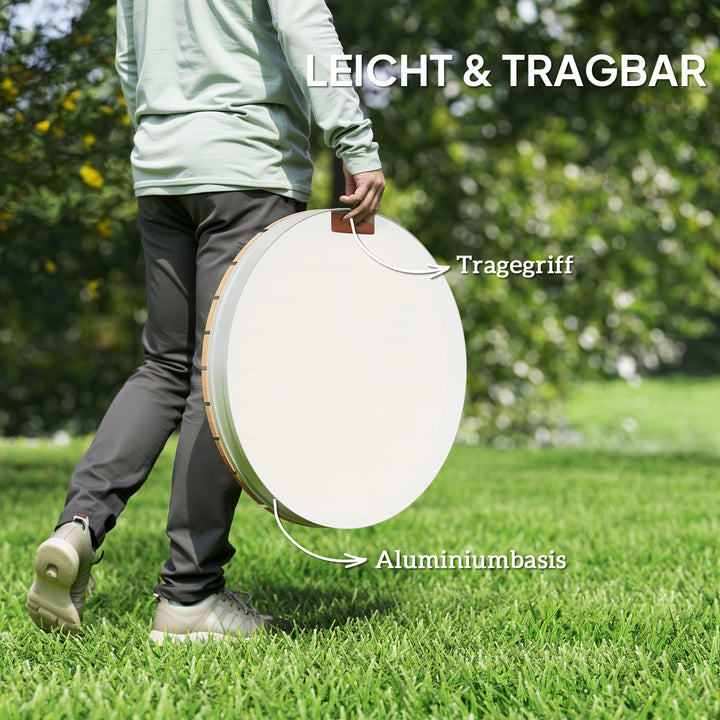 Bærbart udendørs brusesæt med justerbar fontæne, aluminiumsbase, uv- og frostbestandig, naturlig træfinish