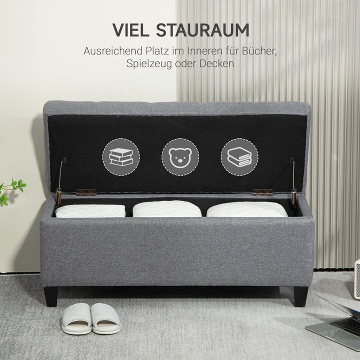 Bænk, polstret bænk med opbevaring, hørlignende polyester, gummitræ, 100 x 40 x 44 cm, lysegrå