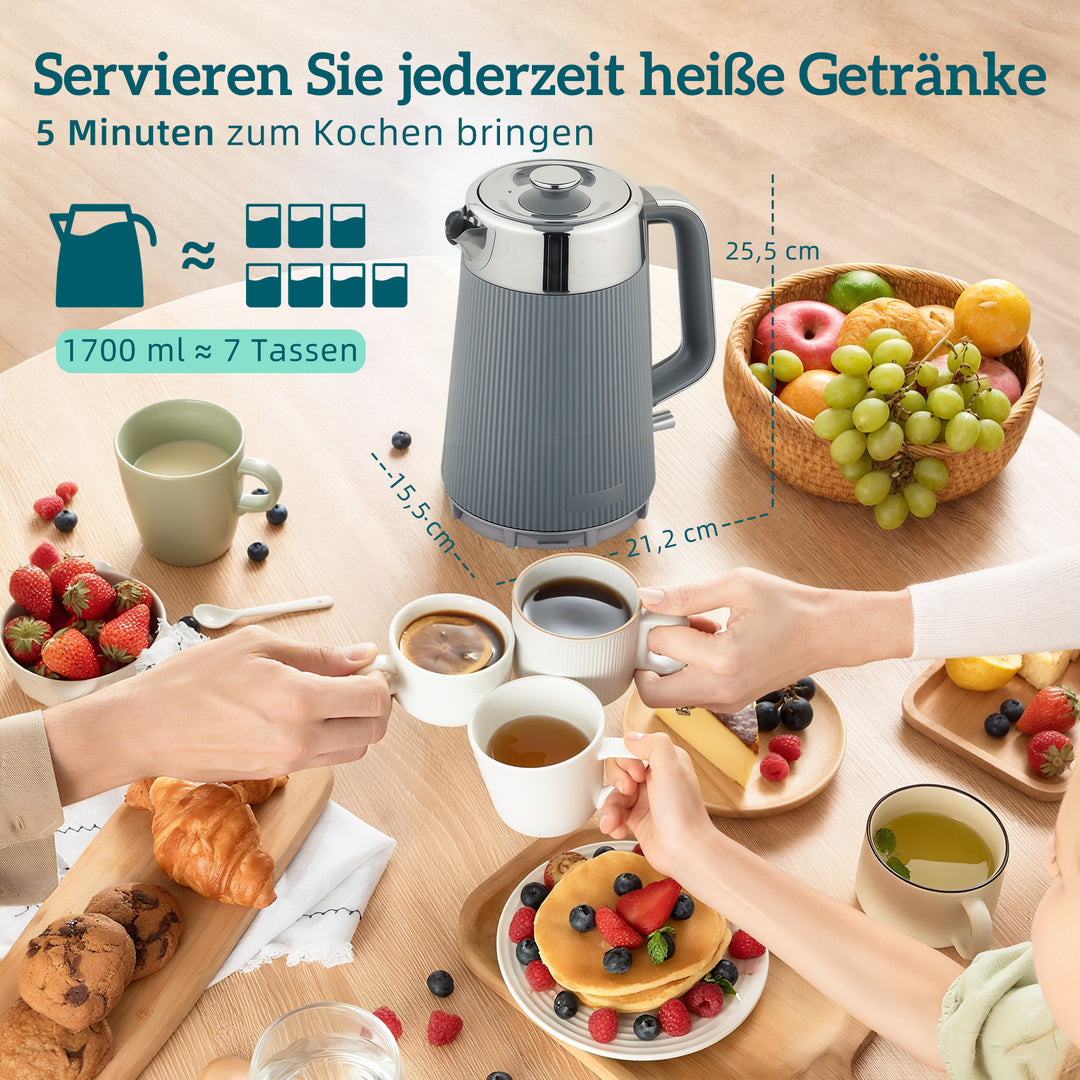 2200W, 1,7L elkedel med hurtigkogningsfunktion, afkalkningsfilter og brødrister til 4 skiver med 7 ristningsniveauer, grå