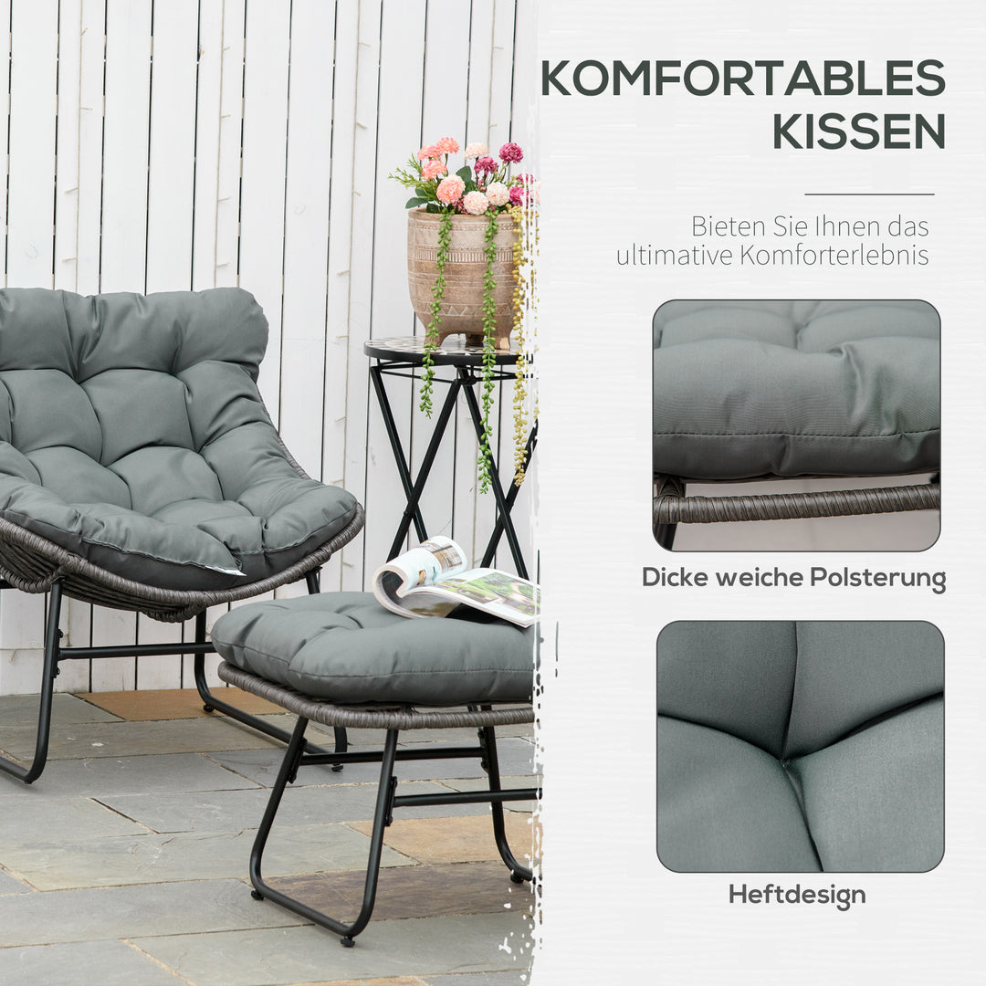 Rattan afslapningsstol med fodskammel, havestol med tykke hynder, udendørs rattanstol, havestol til have, balkon, terrasse, grå