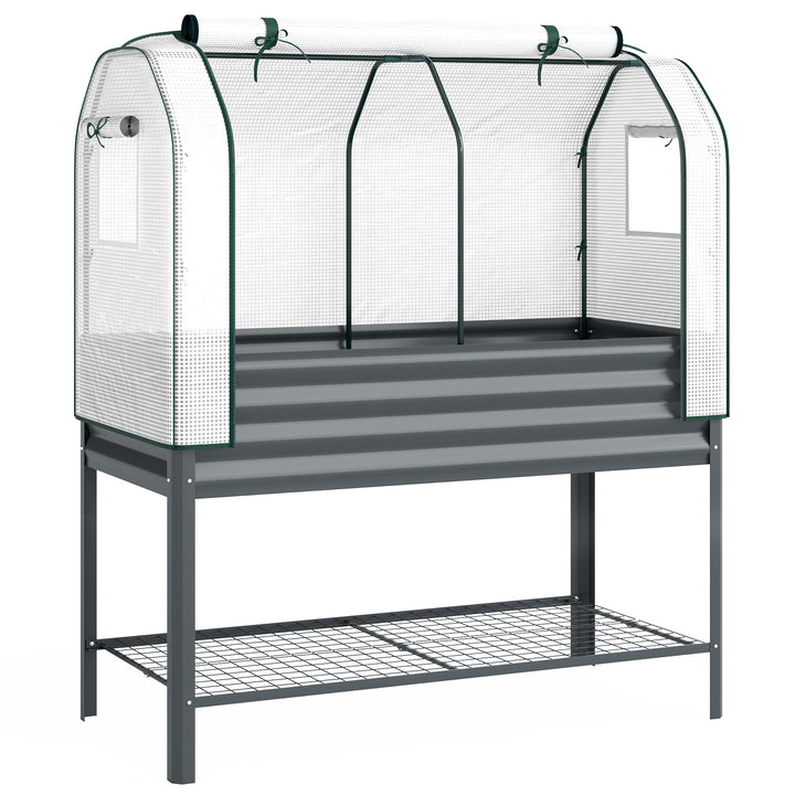 Højbed med metalramme, plantekasse med opbevaringsrum til drivhus, 120 x 55 x 140 cm