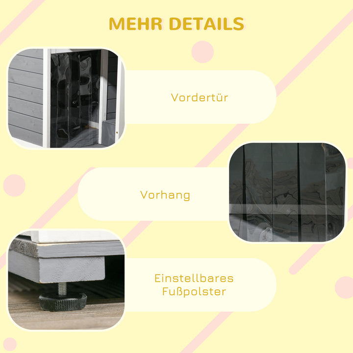 Hundehus i massivt træ med 2 foderskåle og veranda, vejrbestandig, 103 cm x 62 cm x 66 cm, grå + hvid