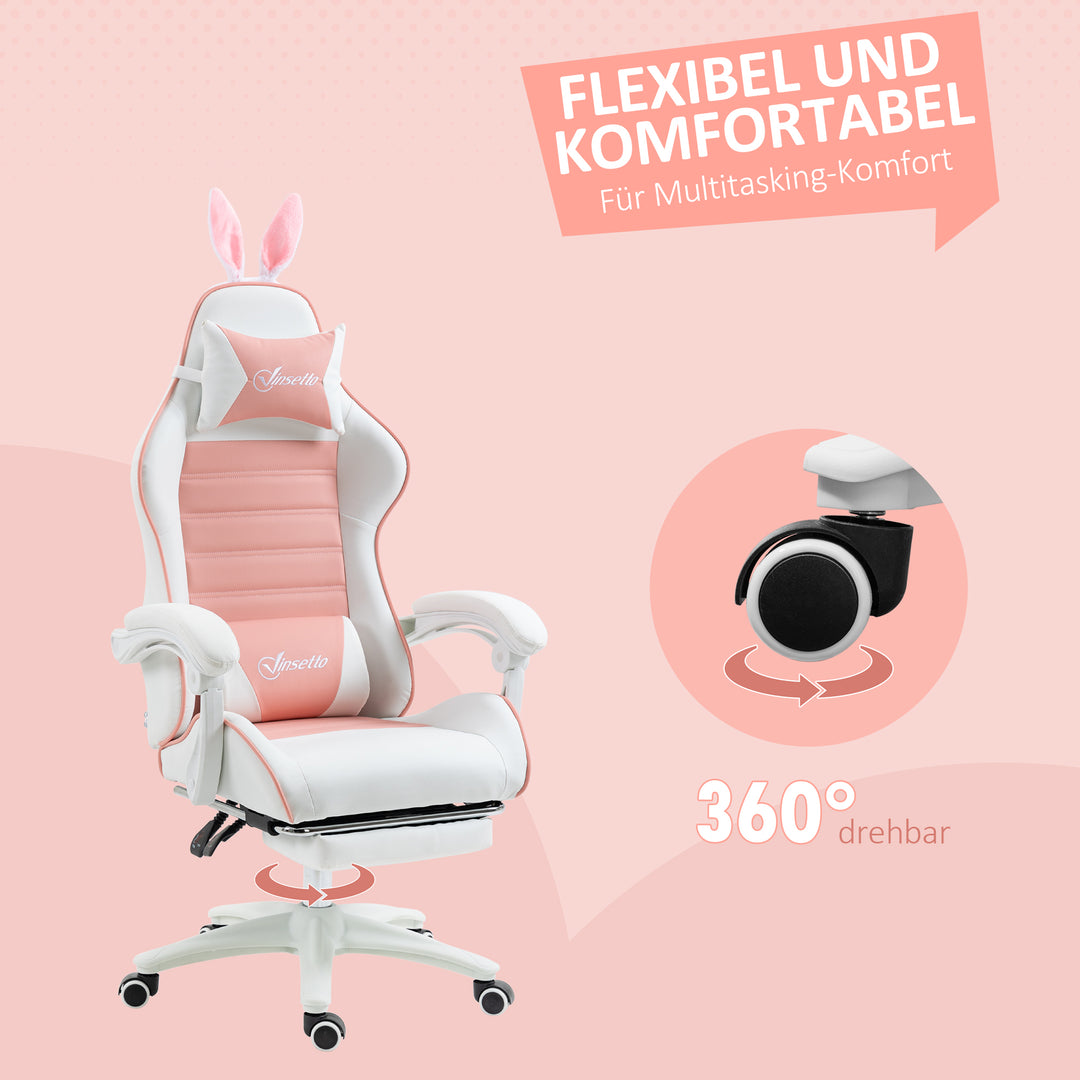 Gaming chair ergonomisk gamerstol med lændestøtte, fodstøtte, pude med kaninører, pink