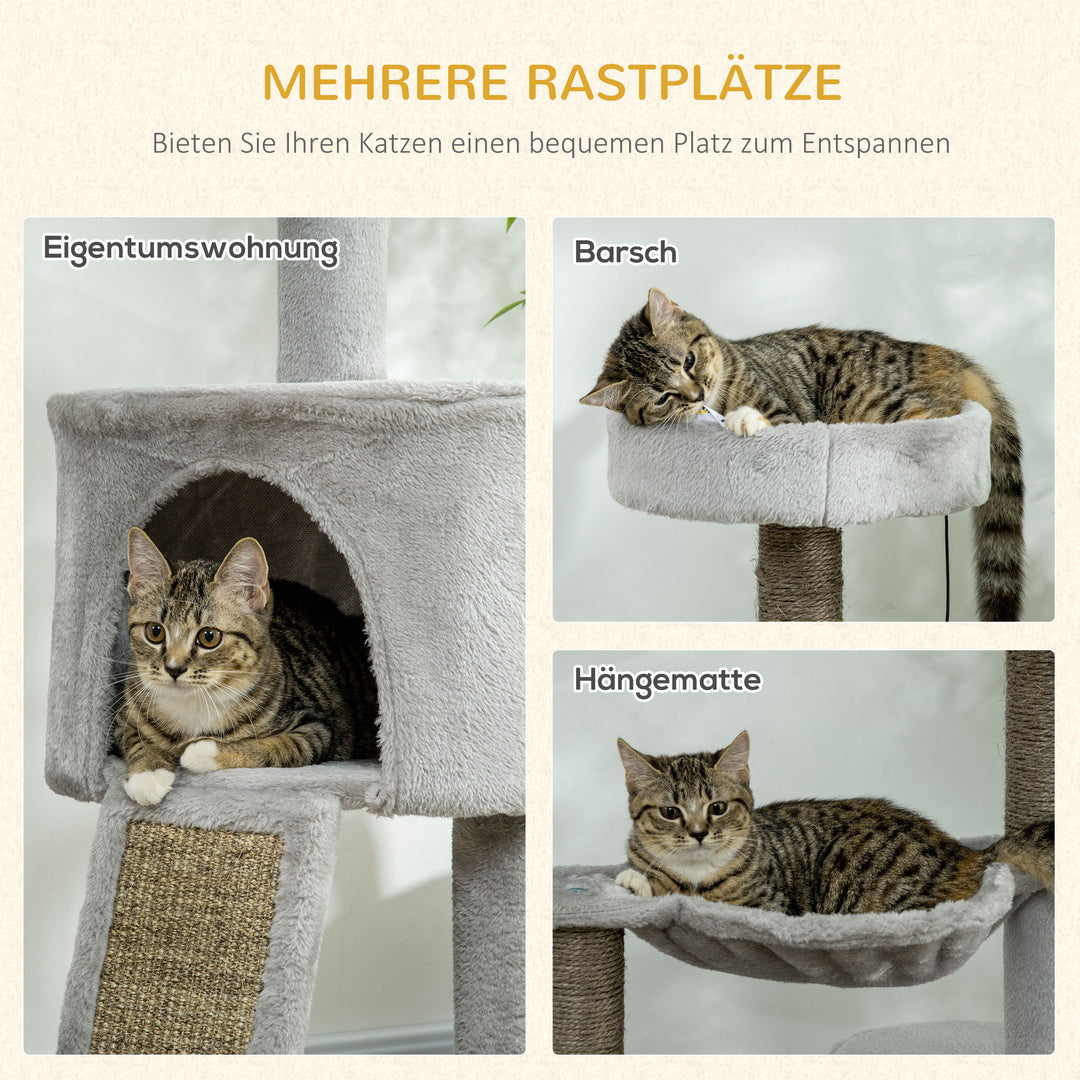 Kradsetræ med kattehule, katteseng, kattehængekøje og legetøj, 60 cm x 40 cm x 113 cm, lysegrå