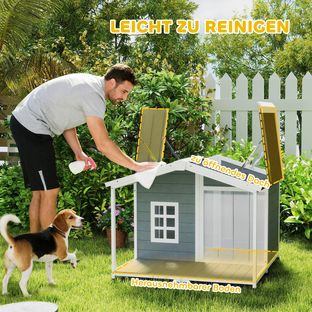 Vejrbestandigt hævet træhundehus med asfalttag og terrasse, til mellemstore hunde, 103x107x83,5cm, grå