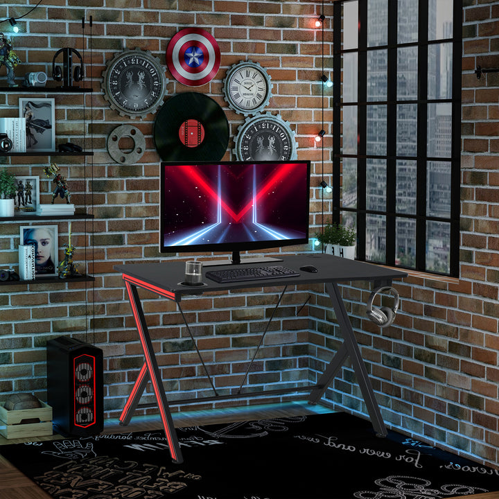 Gaming-bord med hovedtelefonkrog og kopholder computerbord stål + mdf sort 105 x 55 x 75 cm