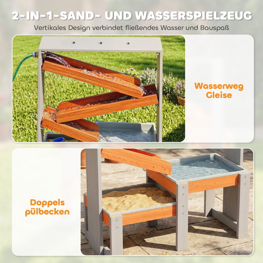 Sand- og vandlegebord, trævandbord, lerbord med vandbane, 2 bassiner, sandkassebord til 3-8 år, grå
