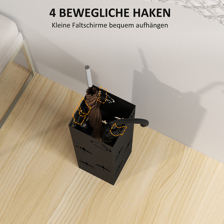 Metalparaplystativ med 4 kroge, sky- og paraplymønster, drypbakke, sort