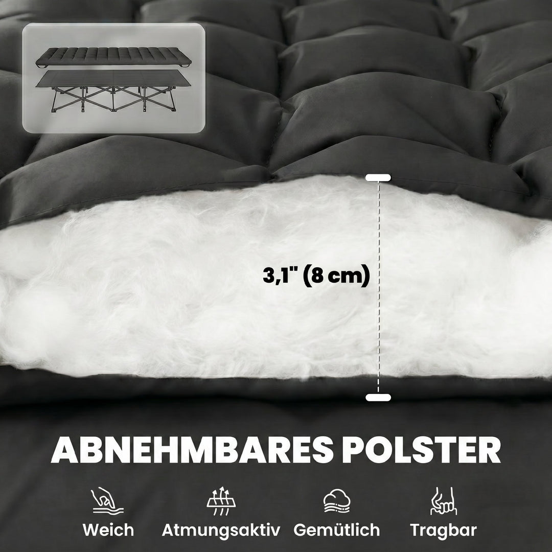 Sammenklappelig campingseng med bæretaske, campingliggestol op til 200 kg, indendørs/udendørs brug, 200 x 80 x 40 cm, sort