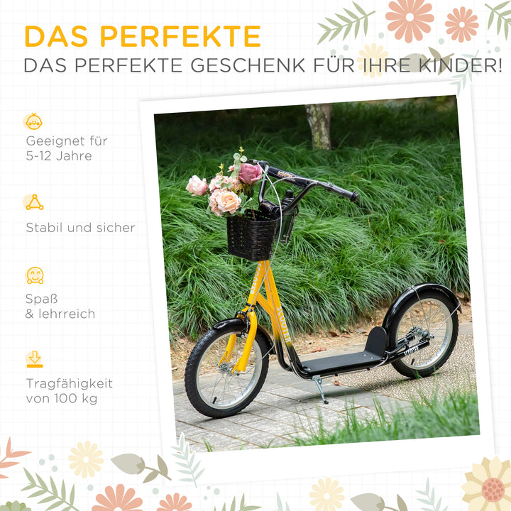 Børnescooter, højdejusterbar, skridsikker, stålramme, aftagelig kurv, bremser, gummidæk