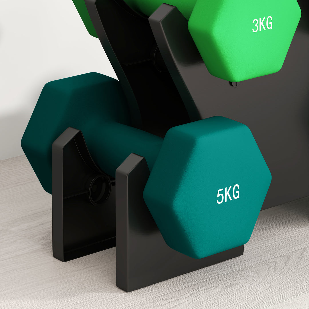 Håndvægtsæt med opbevaringsstativ, sæt med 6 håndvægte til fitnesstræning, 2 x 1 kg, 2 x 3 kg, 2 x 5 kg