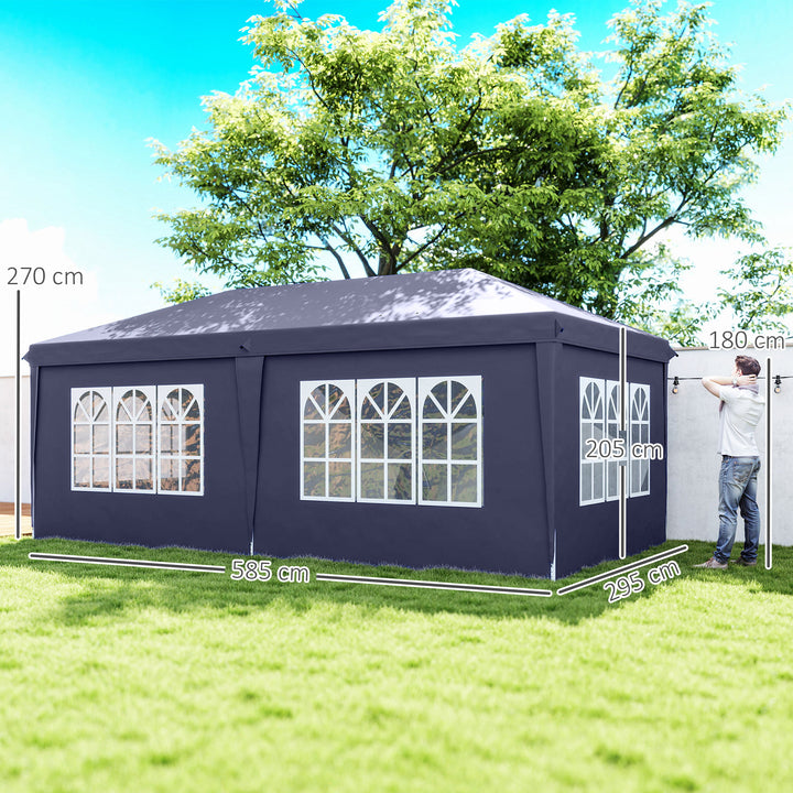 Foldbar pavillon 6 x 3 m, aftagelige sidepaneler, store vinduer, lynlåsdøre, stålramme, blå