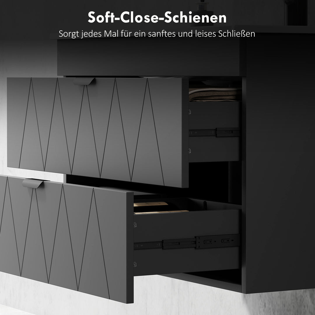 Underskab hængende vaskeskab med keramikvask soft-close skuffer sort