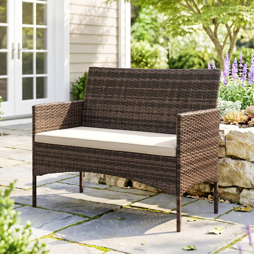 2-personers havesofa i rattan, PE-rattan udendørs terrassesofa med hynder, skridsikre måtter, stålstel, khaki