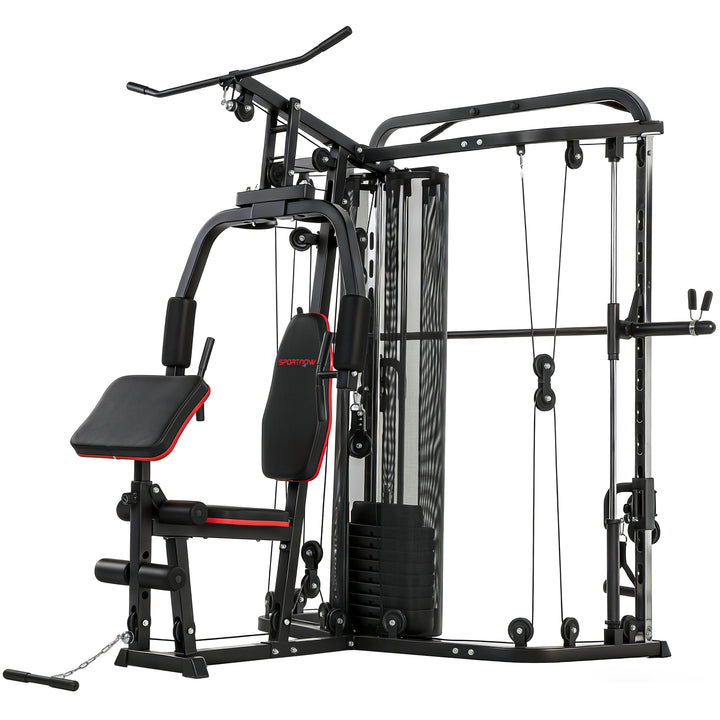 Power rack fitnessstation med 65 kg vægte, lat pulldown, butterfly bar, justerbar preacher bænk, bentræner