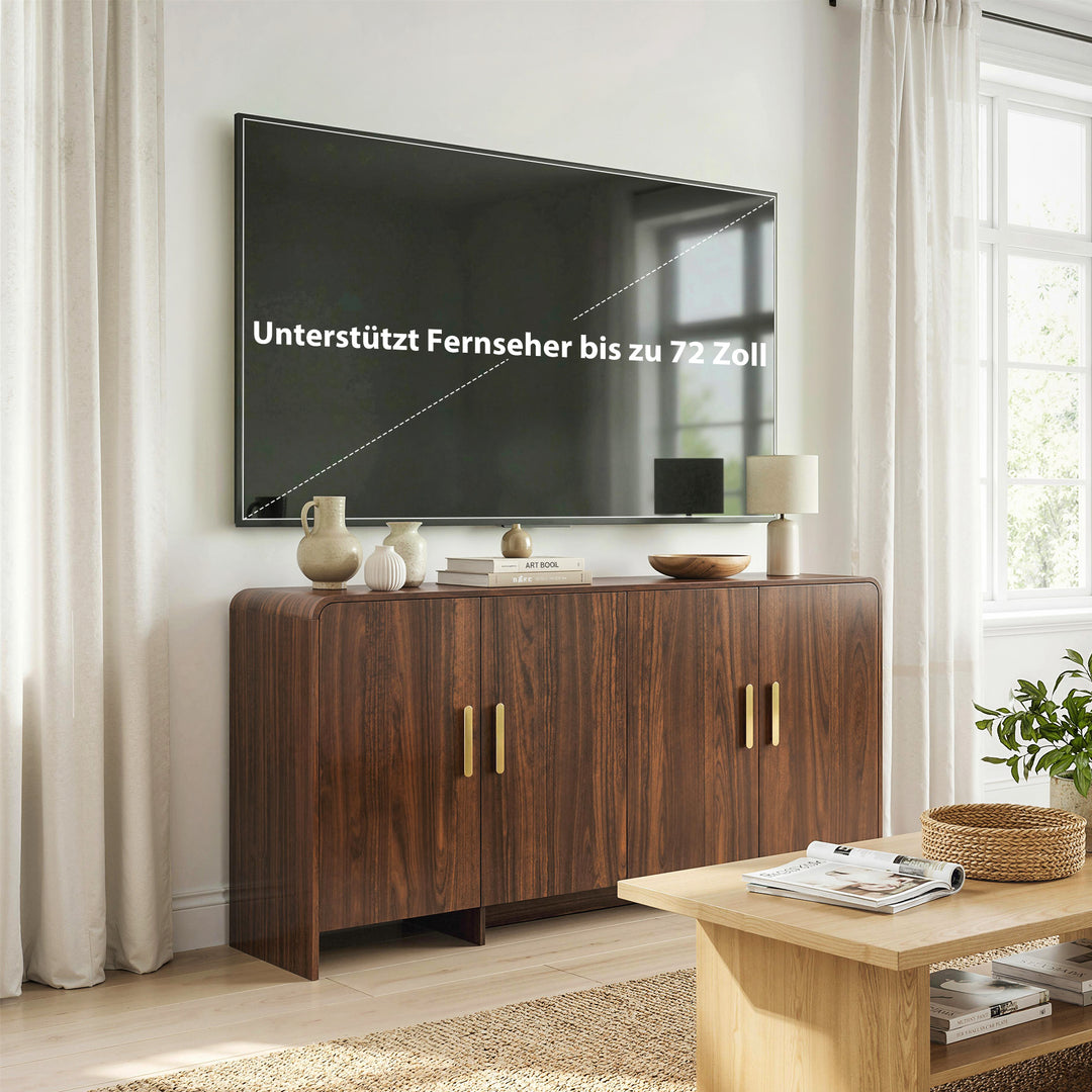 152 cm køkkenskænk med 4 soft-close døre, TV-skab til stuekøkken, valnøddebrun