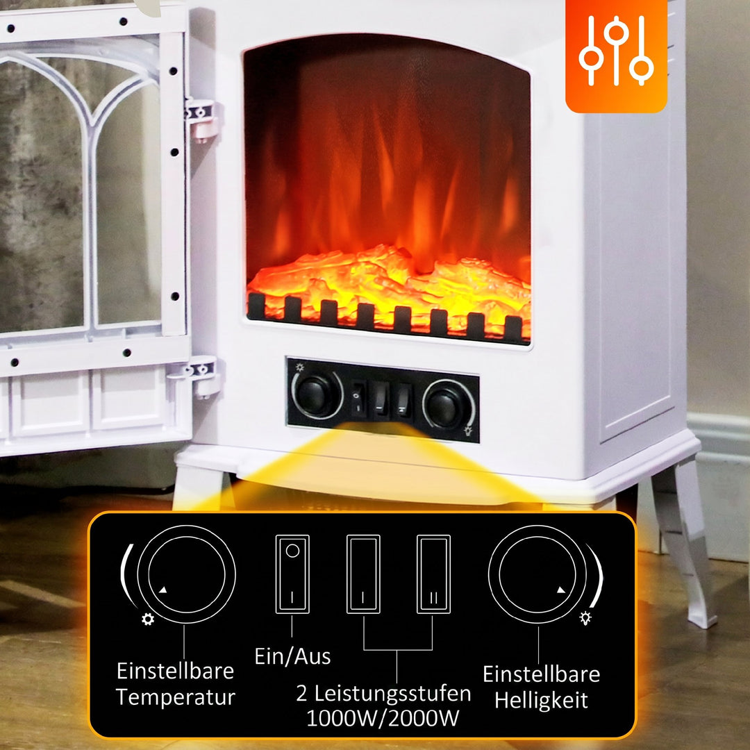 Elektrisk pejs med varmelegeme, LED-flammeeffekt, dekorativ pejs, hvid