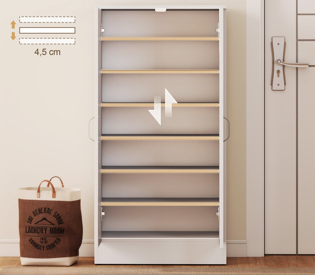 Skoskab med soft-close hængsler, justerbare hylder, 6-etagers skohylde til entré, til 14 par, 55 x 35 x 108 cm, hvid