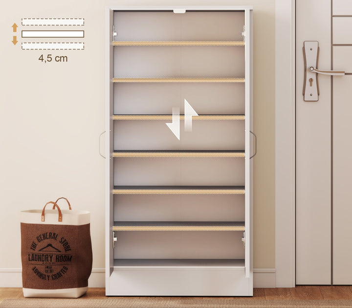 Skoskab med soft-close hængsler, justerbare hylder, 6-etagers skohylde til entré, til 14 par, 55 x 35 x 108 cm, hvid