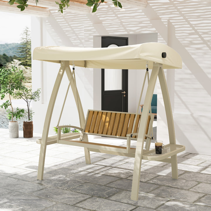 2-Personers havegynge med justerbart soltag og sidebord, 200 x 120 x 190 cm, beige