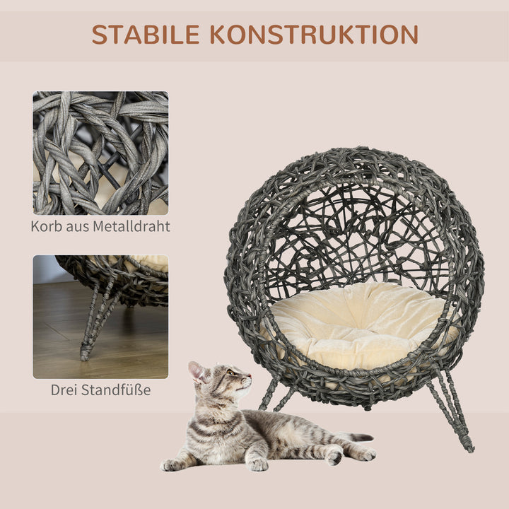 Rattan kattehus med hynde, katteseng, kattehule med hævede fødder, sølvgrå, Ø52 x 58 cm